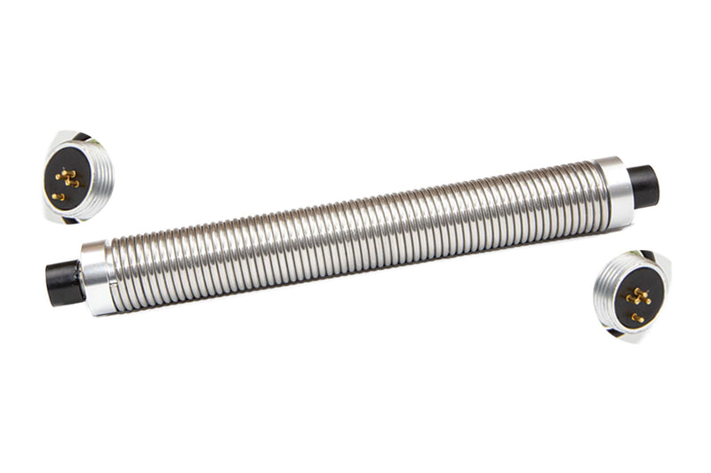 A stainless steel spring with built-in components and connectors at both ends, designed for a 4 pin to 4 pin connection with a sonde transmitter.
