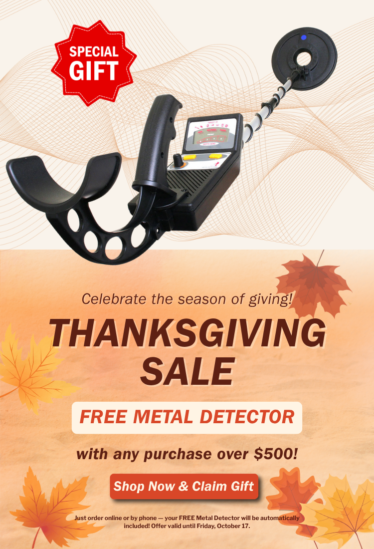 Metal detector with Thanksgiving sale text and promotional offer on a beige background with autumn leaves.