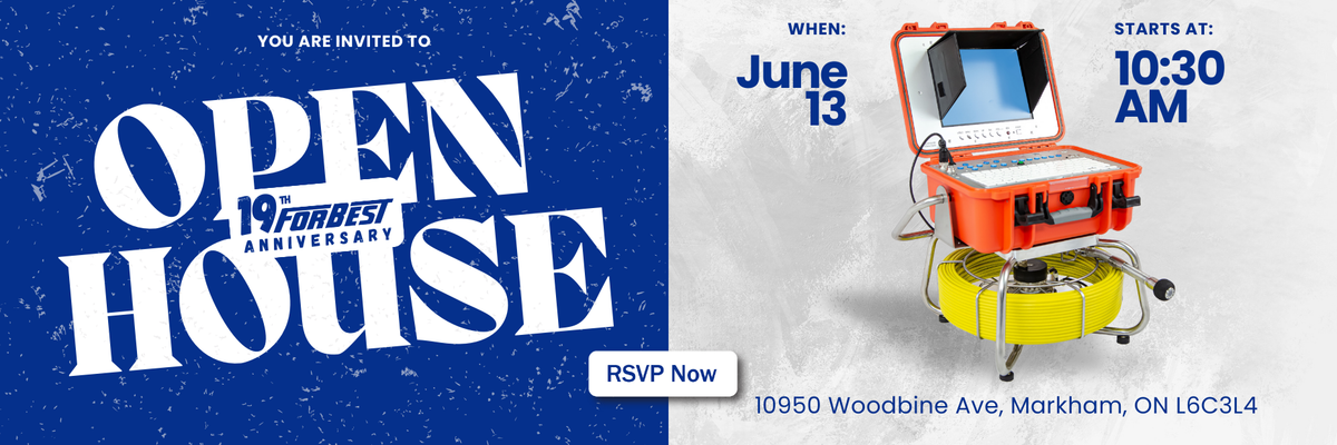 Banner for Forbest’s 19th Anniversary Open House showcasing advanced sewer inspection camera system and event details for June 13 in Markham.