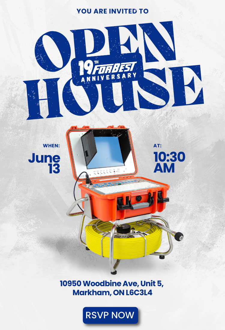Invitation to Forbest’s 19th Anniversary Open House featuring HD pipe inspection system, held June 13 at 10:30 AM in Markham, Ontario.