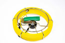 A yellow coiled fiberglass cable with a green handle and metal connectors, encased in a heavy duty waterproof case.