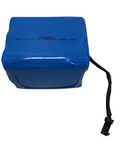 A blue 6600mA aluminum battery pack with a black connector wire extending from it, placed on a white background.