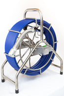 A blue cable with a camera head and accessories placed on a metal reel, designed for pipe inspection.