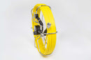 A yellow coiled fiberglass cable with a black handle and metal connectors, encased in a heavy duty waterproof case.