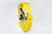 A yellow coiled fiberglass cable with a black handle and metal connectors, encased in a heavy duty waterproof case.