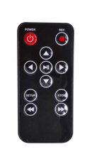Black remote control with white buttons on a white background