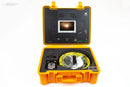 Compact sewer inspection camera system with monitor and yellow push cable, ideal for residential drain inspections.