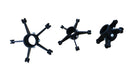 Three black tripod crawlers of different sizes arranged in a row.